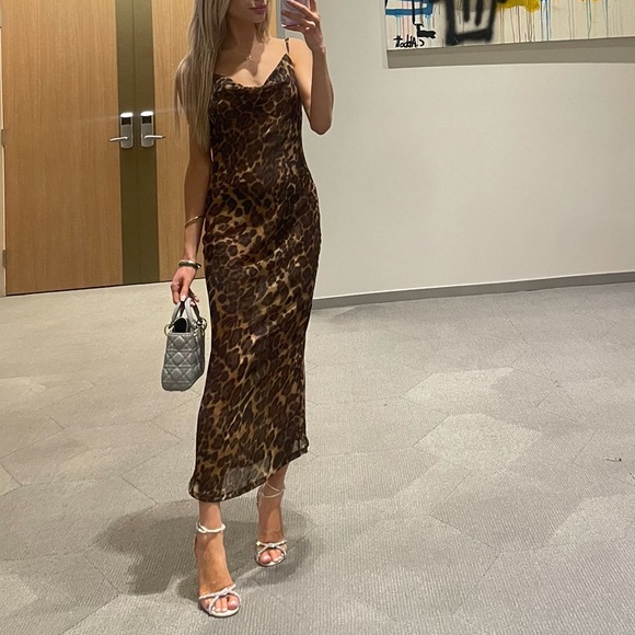 Semi sheer leopard cheetah cowl midi dress - Picture 1 of 2
